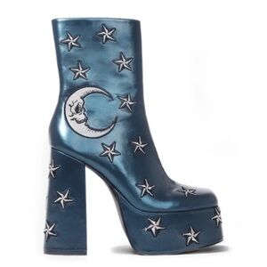 Metallic Blue Star and Moon Embroidered Ankle Boots